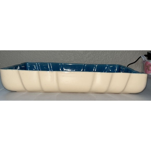 Los Angeles Potteries Rectangle Ceramic Serving Dish Turquoise/Cream #300 - Picture 5 of 12